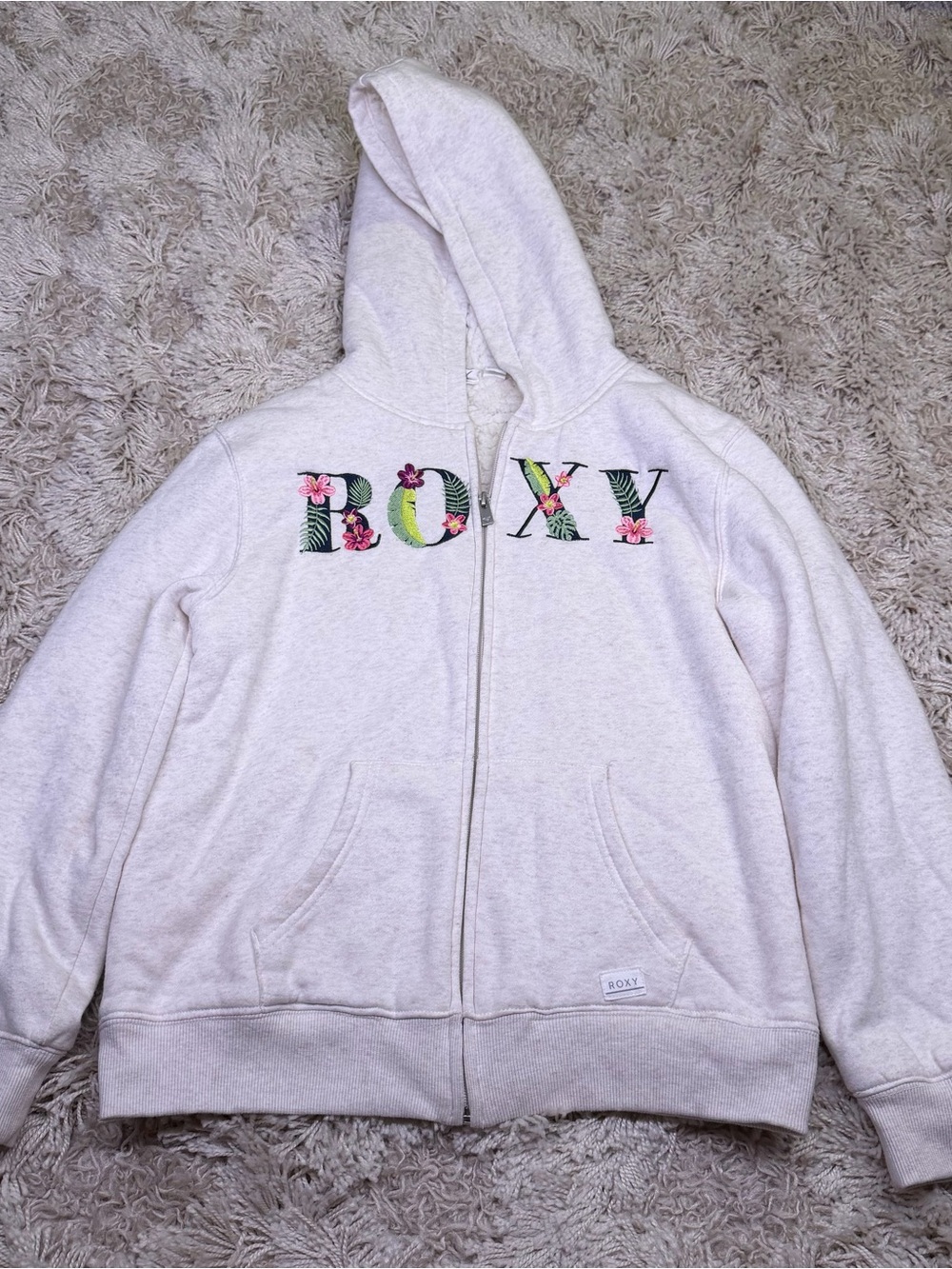 Roxy Girl L 14/16 Sherpa Lined Zip Hoodie Floral Embroidered Logo Oatmeal